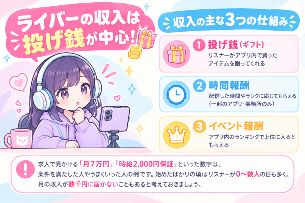 ライバー収入の3つの仕組み（投げ銭・時間報酬・イベント報酬）