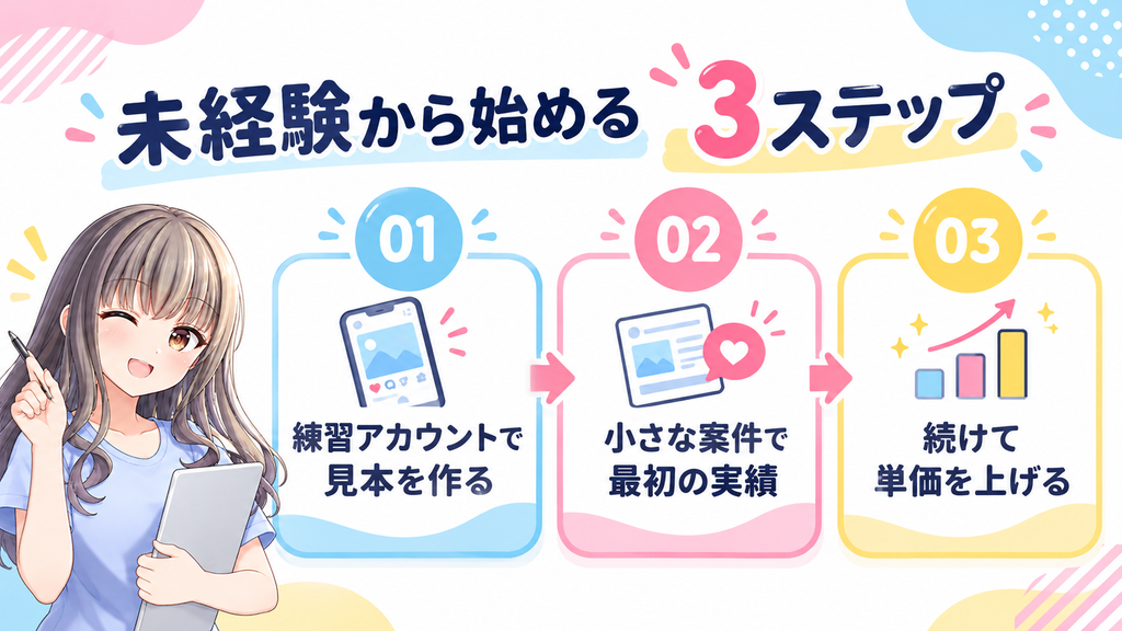 未経験からSNS運用代行を始める3ステップ（見本を作る・小さな案件で実績を作る・続けて単価を上げる）の図解